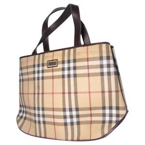 Burberry Brown Red White Black Nova Check Plaid Print Canvas Leather